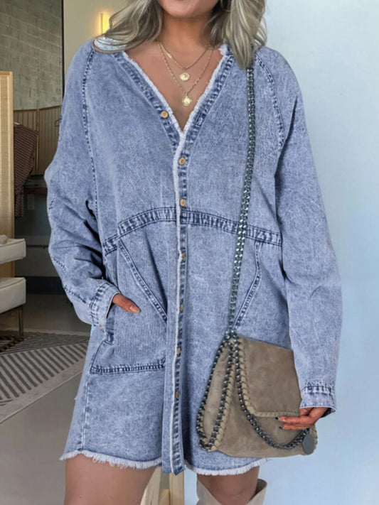 Button-Front Long Sleeve Denim Shirt Dress Plus Size