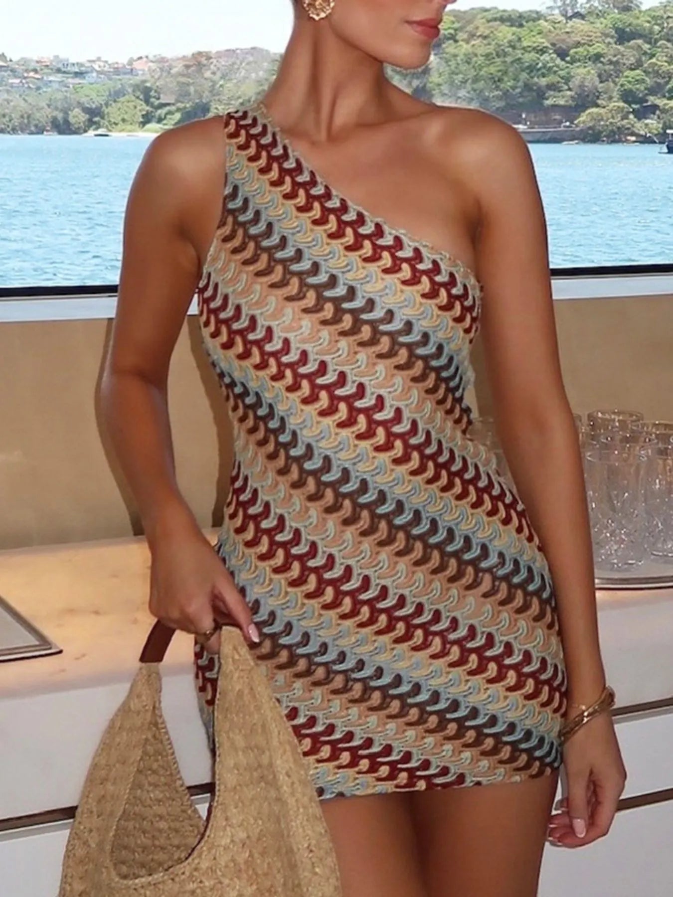 One Shoulder Geometric Print Mini Dress