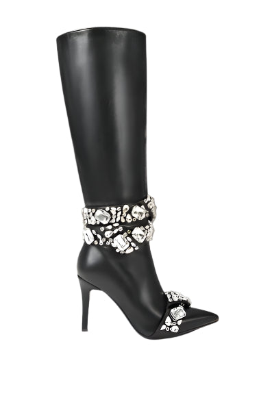 AZALEA WANG -ALONZA BLACK EMBELLISHED STILETTO BOOT