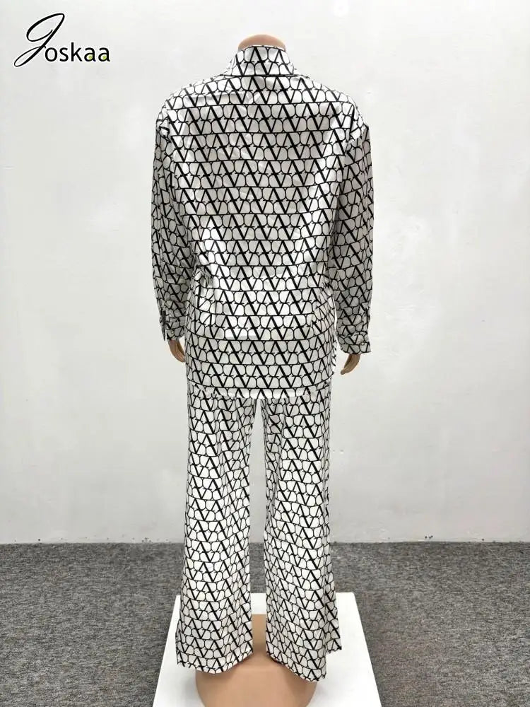 Joskaa Print 2 Piece Sets Women Hipster Lapel Full Sleeve Oversized Blouse and Wide Leg Pants Matching 2025 Y2K Streetwear