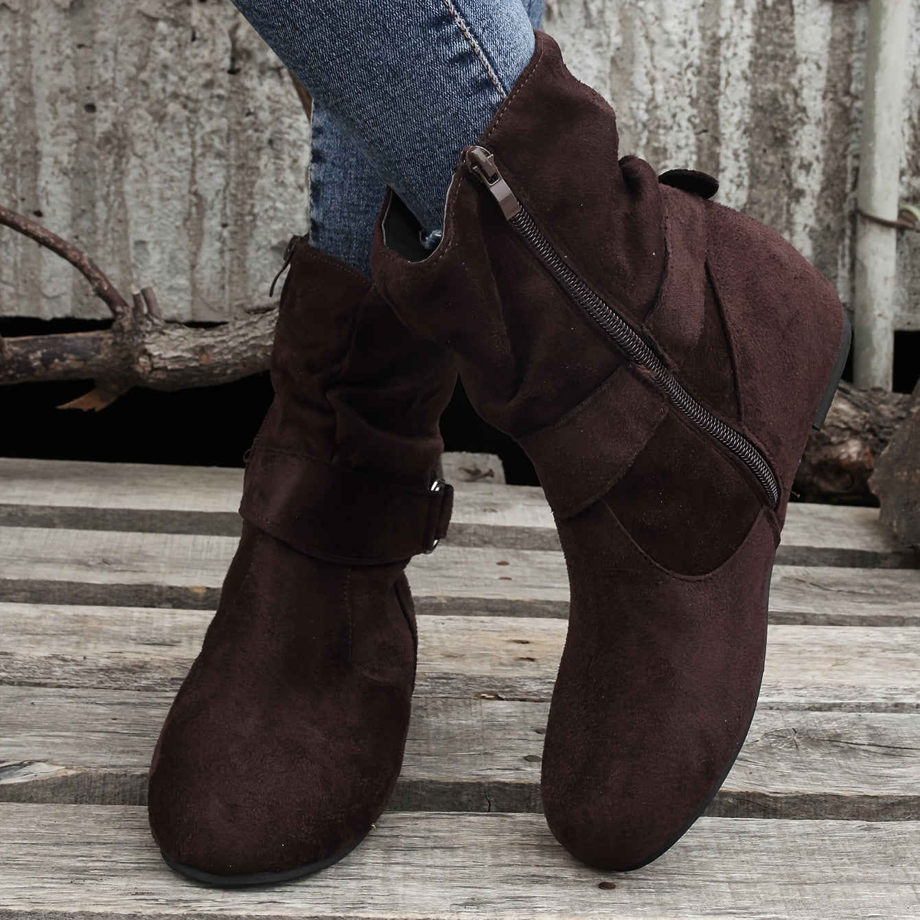 Ankle Boots  Round Toe Buckle Belt Side Zipper Boots