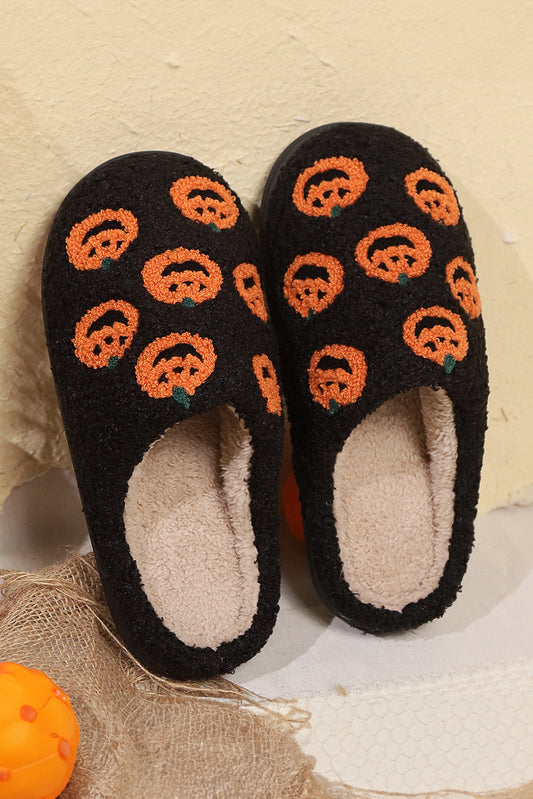 Black Halloween Pumpkin Plush Home Slippers With Non Slip