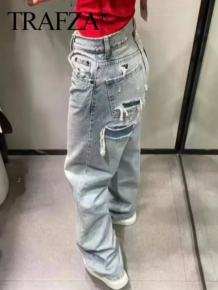 TRAFZA Jeans pour femmes 2024 Denim solide ample fermeture éclair braguette femme trou pantalon poches sauvage basique trajet femme jambe large pantalon long 
