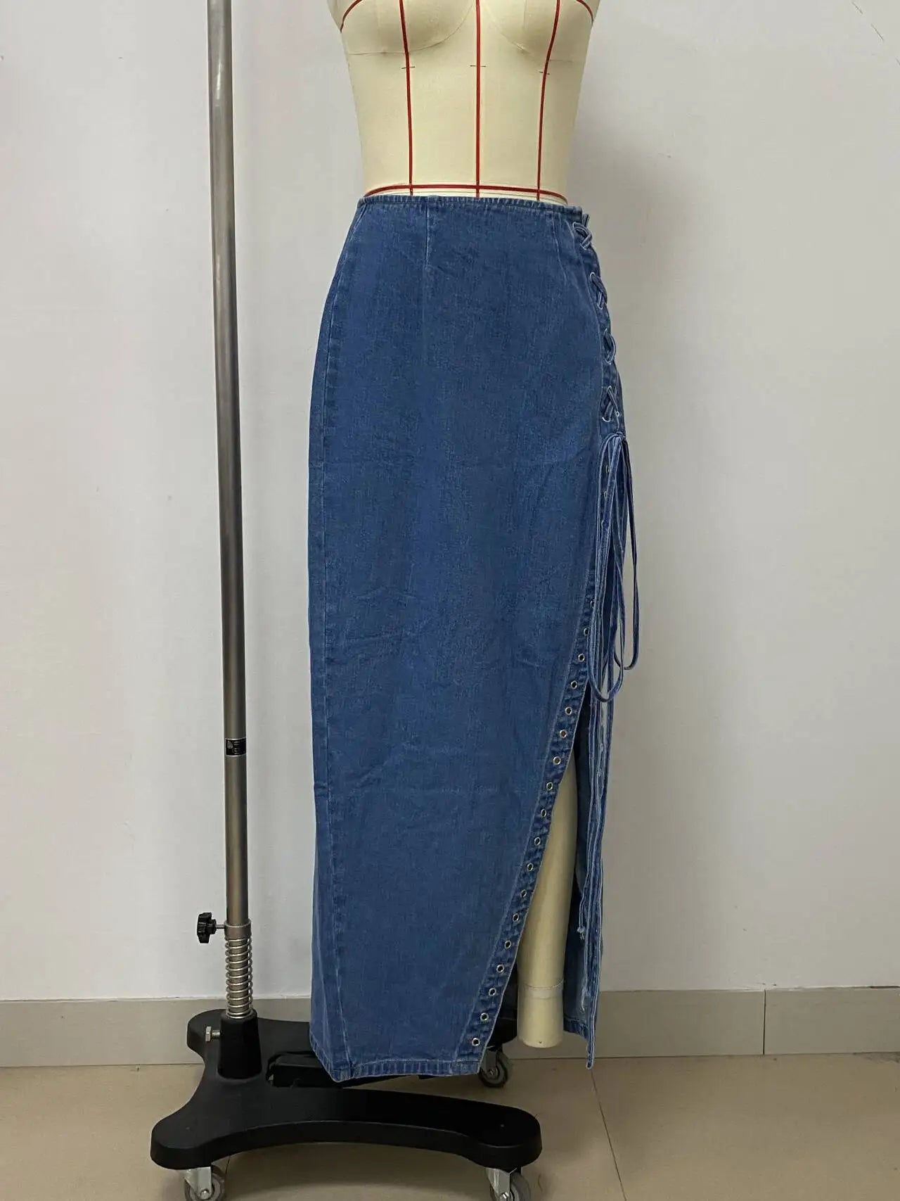 Jupes à lacets pour femmes, élégantes, taille haute, en jean, pour femmes, été, chic, asymétrique, ourlet fendu, amincissantes, fente latérale moyenne 