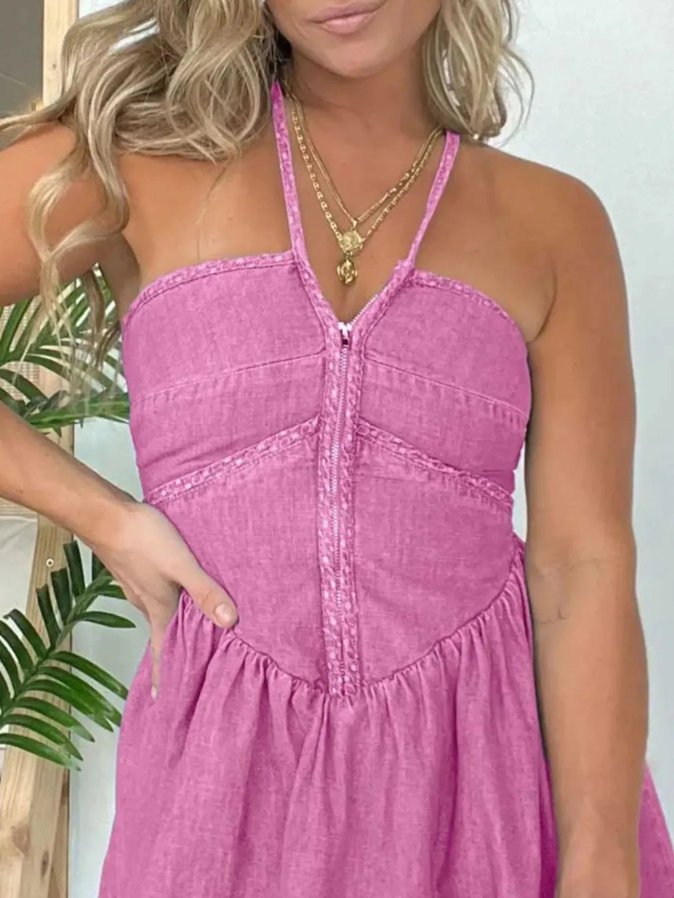 Lace Up Halter Neck Denim Dress Plus Size