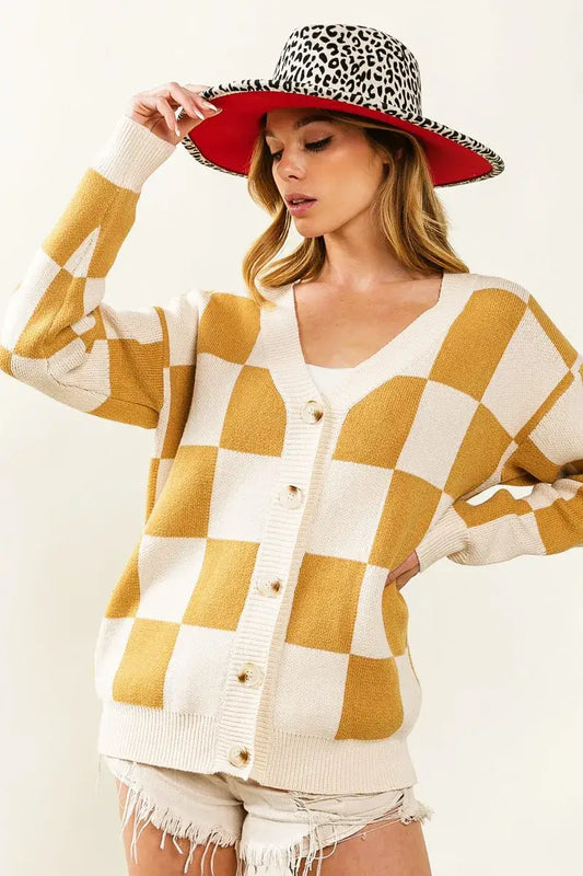 BiBi Checkered V Neck Cardigan Mustard Cream Pattern