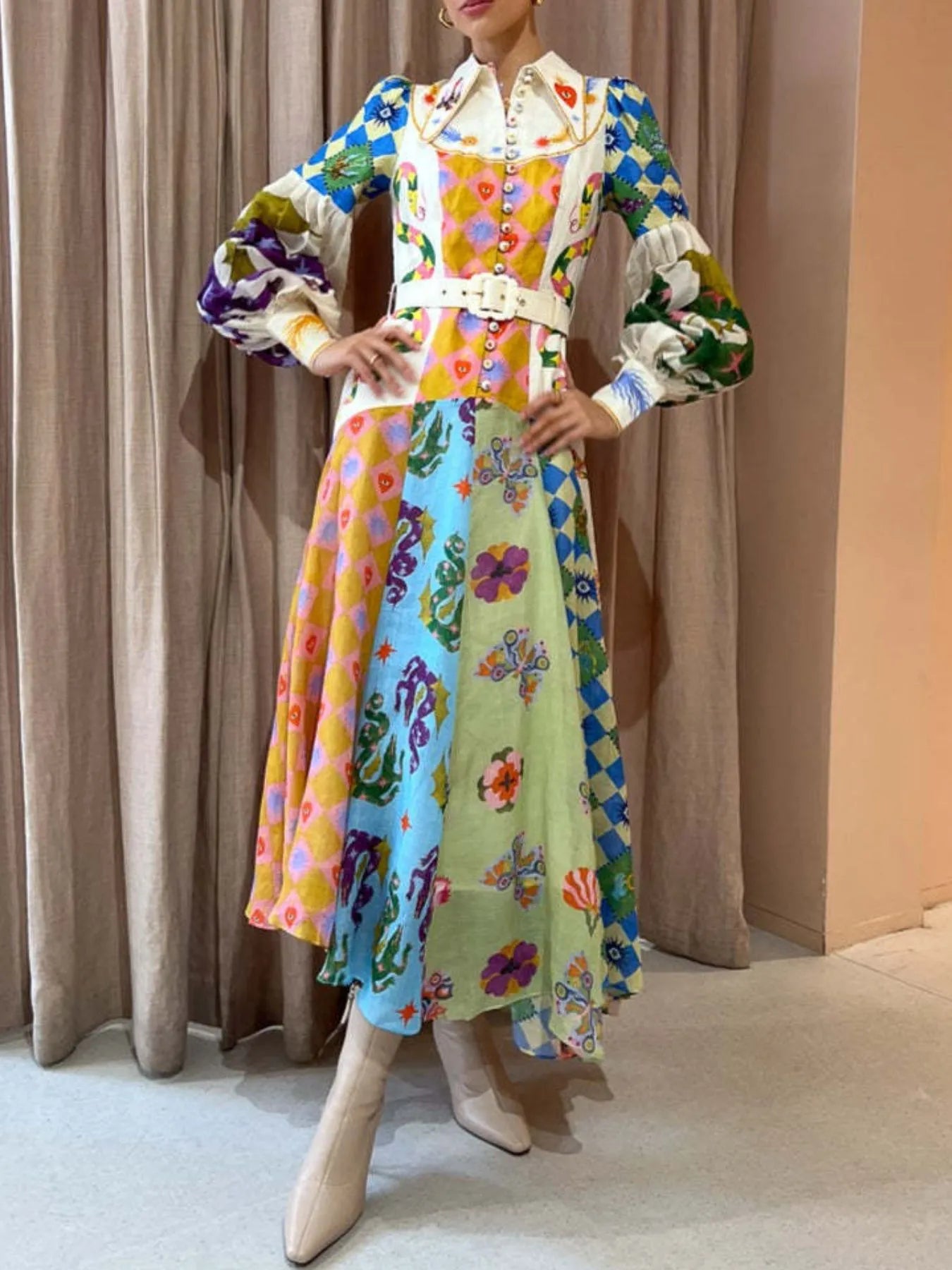 Printed Lantern Sleeve Midi Shirt Dress