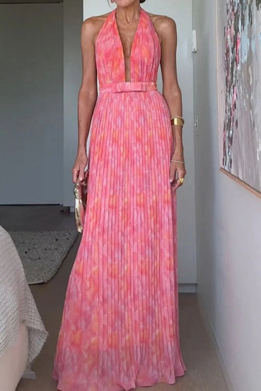 Halter Neck Pleated Maxi Dress
