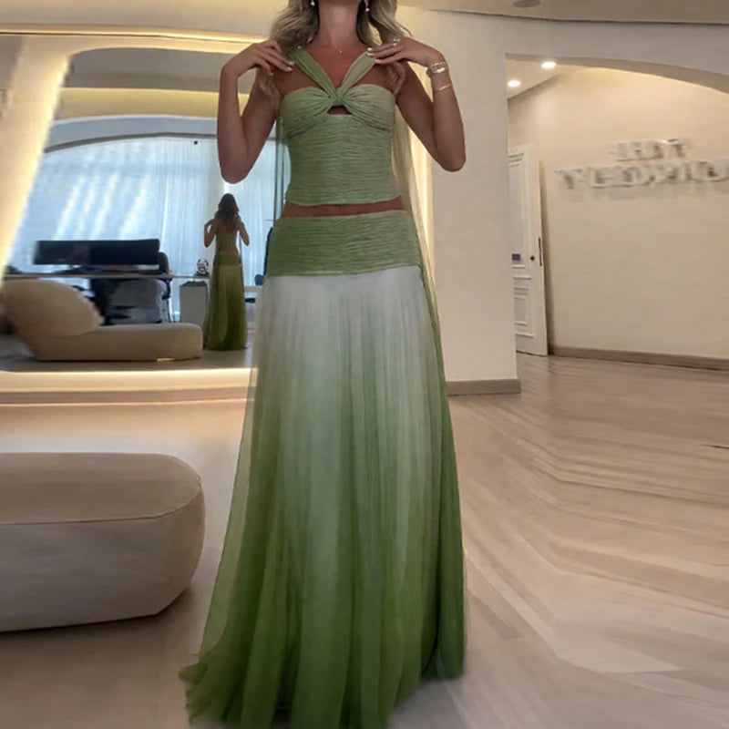 Sexy Strapless Top with Long Skirt Women's Suits Fashion Backless Pleated Club Outfit Gradient Green Hollow Slim Two Piece Sets