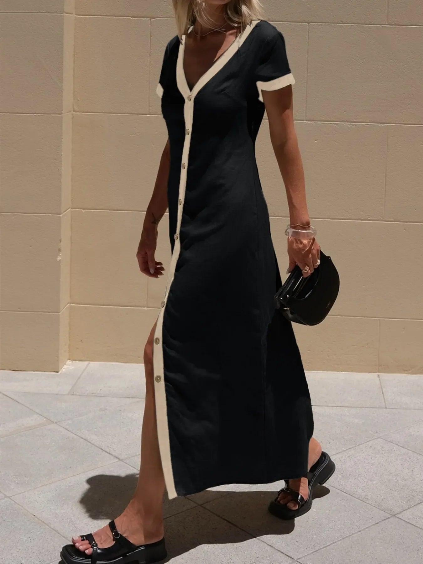 Button-Front Contrast Trim Midi Dress