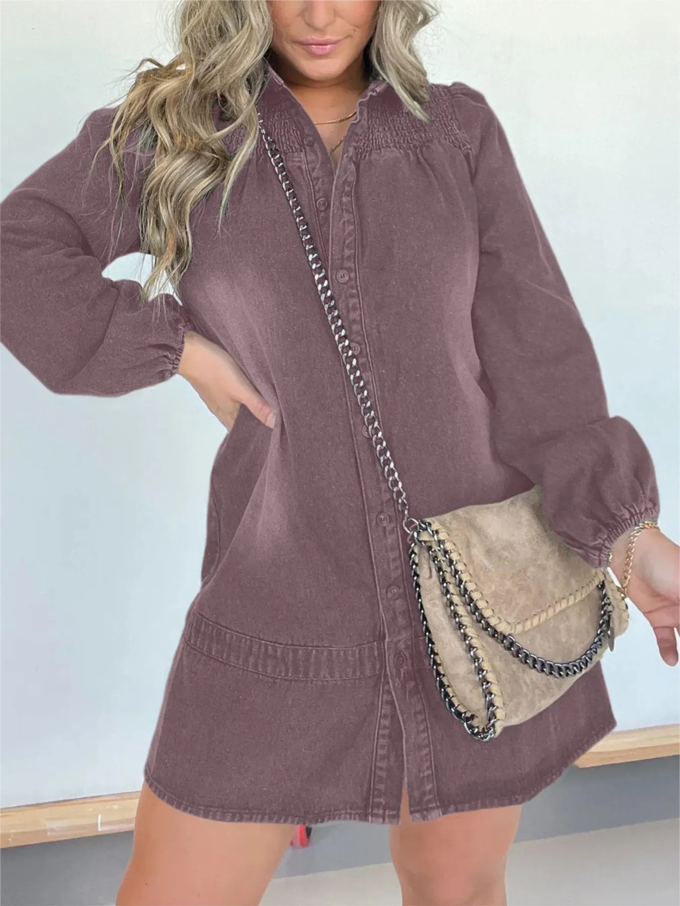 Button Front Long Sleeve Denim Dress Plus Size