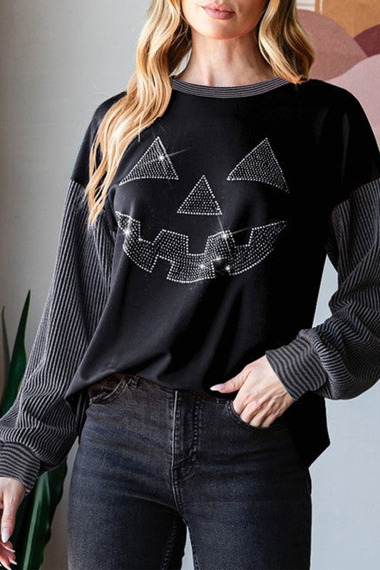 Black Halloween Rhinestone Pumpkin Patchwork Ribbed Top- NEW** Earliest Shipping 9/13