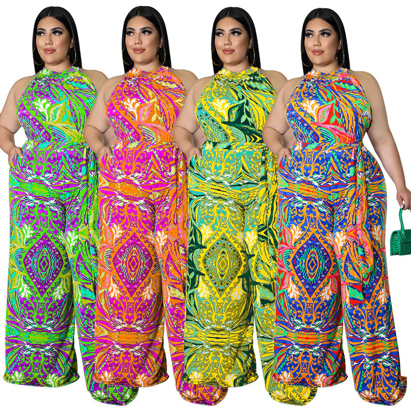 Plus Size Women's Sleeveless Summer Jumpsuit with Sash