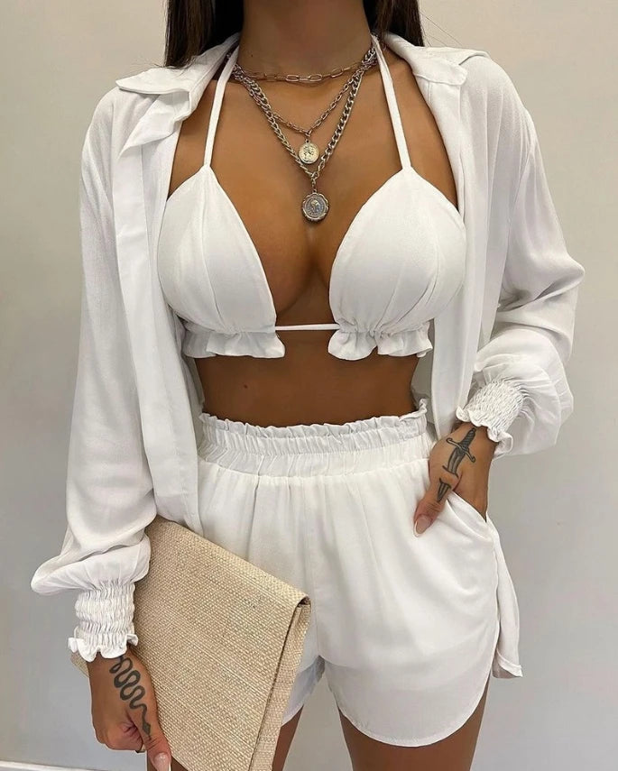 Lantern sleeve shirt and pocket design shorts set, solid color with ruffled edges and exposed navel top, new for 2025