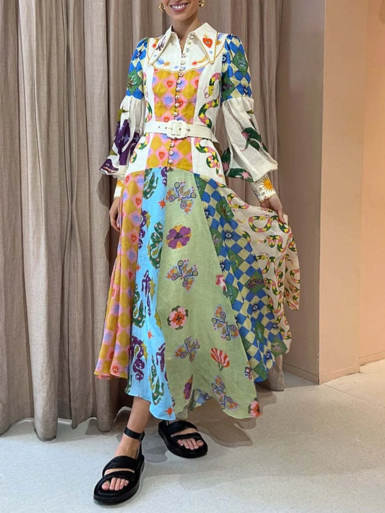 Printed Lantern Sleeve Midi Shirt Dress