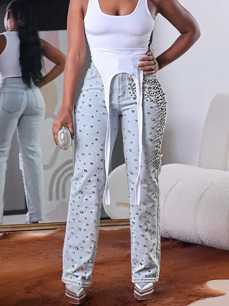 Plus Size Women's Beading Jeans High Waist Slim Casual Denim Pant Vintage Fashion 2025 Streetwear Straight Jeans Trousers