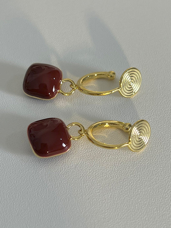 Modern style red bean mosquito coil disc ear clip without piercing wine red earrings