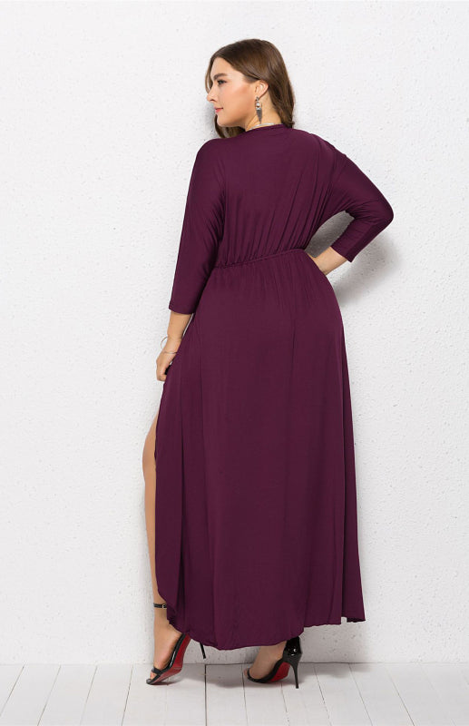 Plus Size Deep V Dress - Three Quarter Sleeve Knit Dress