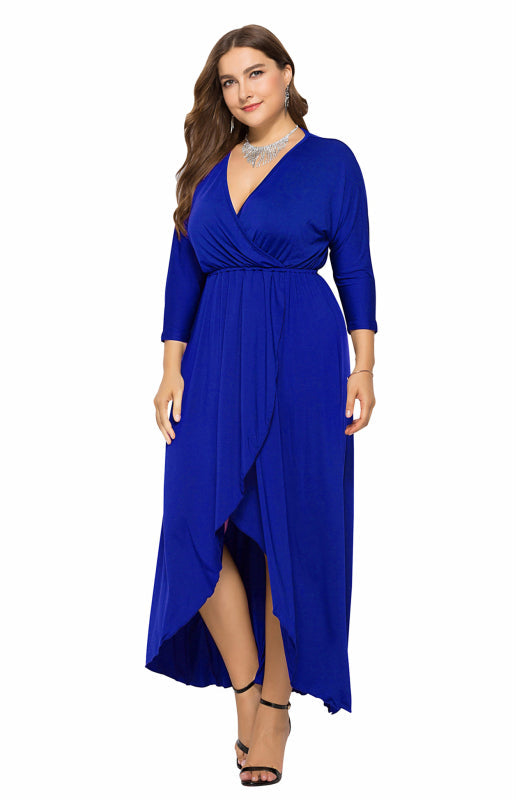 Plus Size Deep V Dress - Three Quarter Sleeve Knit Dress