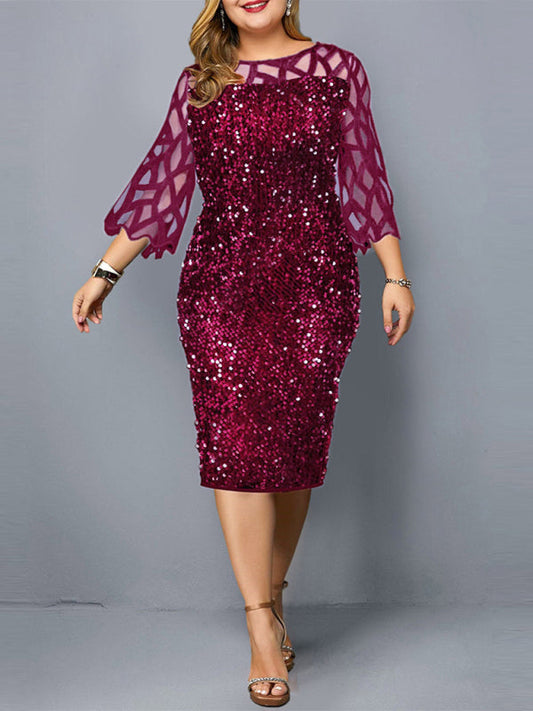 Plus Size Sequin Dress - Three Quarter Sleeve Round Neck Dress