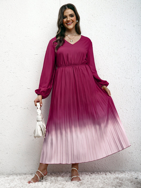 Modern plus size women's temperament gradient pleated dress