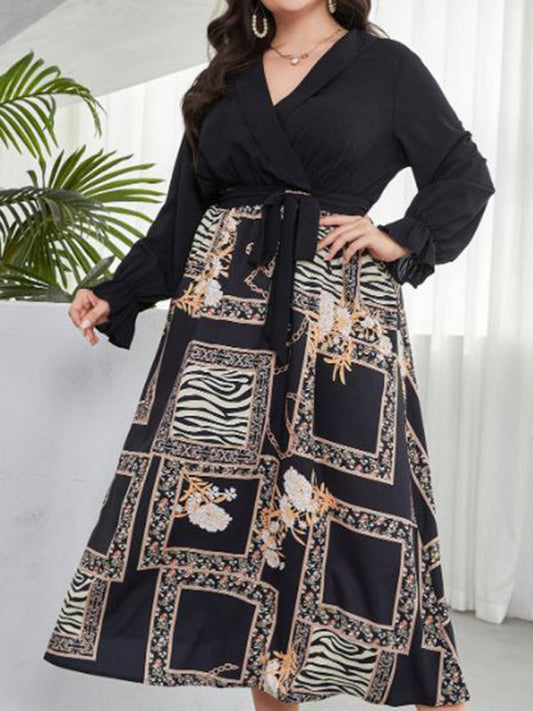 Modern style plus size women's temperament age reduction simple tie print dress