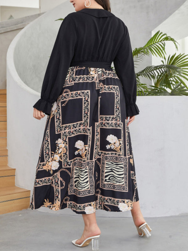 Modern style plus size women's temperament age reduction simple tie print dress