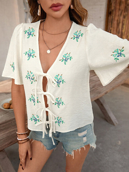 Bow Tie Embroidered Cardigan - Short Sleeve Button Up Top for Women