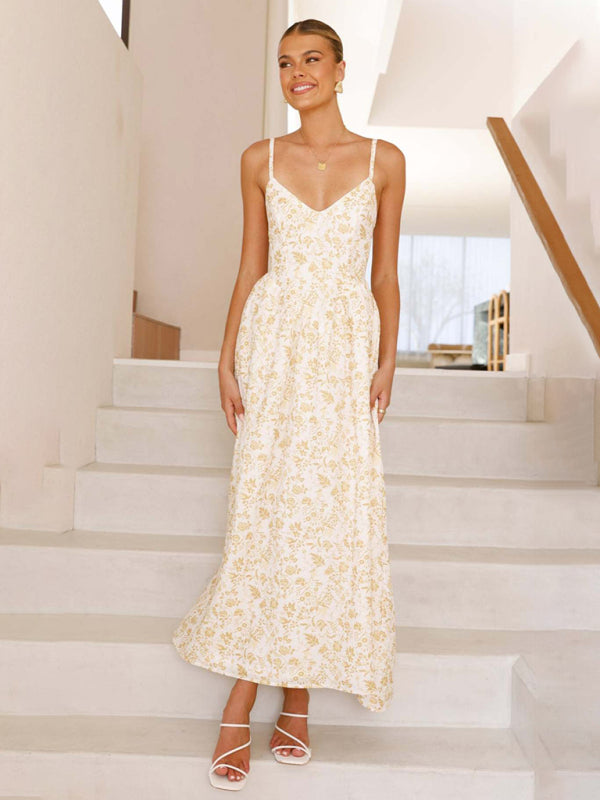 Modern V-neck waist holiday long dress sexy backless bow tie dress