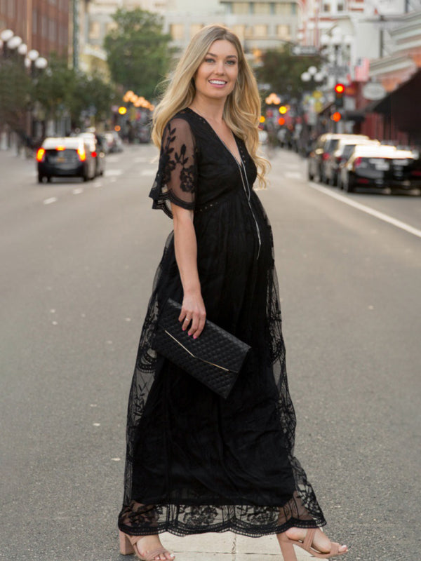 Maternity Lace Dress - Short Sleeve V-Neck High Waist Dress
