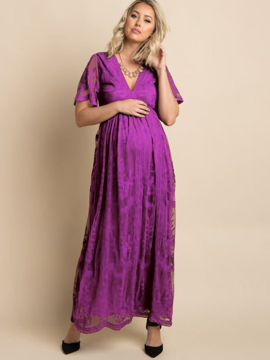 Maternity Lace Dress - Short Sleeve V-Neck High Waist Dress