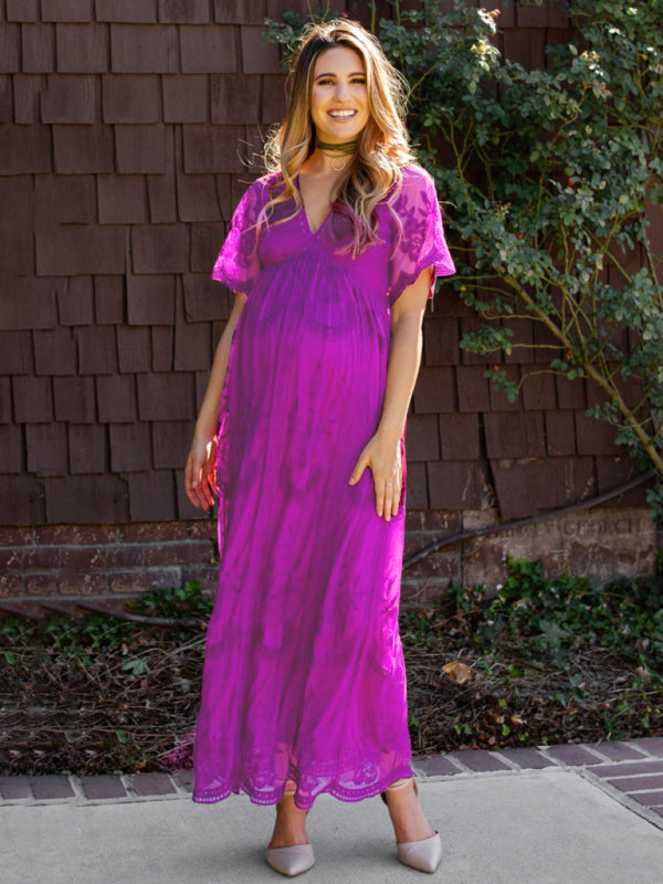 Maternity Lace Dress - Short Sleeve V-Neck High Waist Dress
