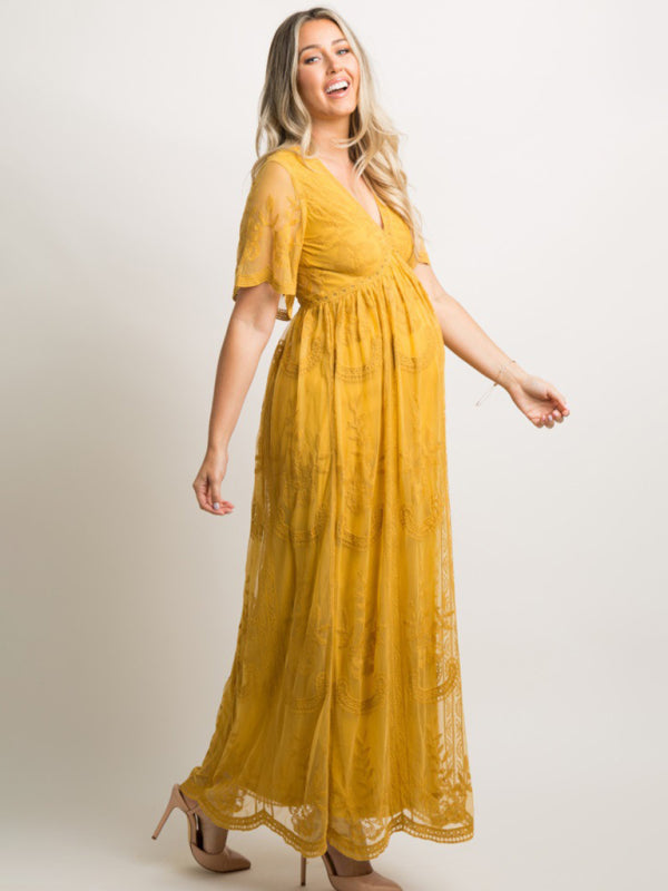 Maternity Lace Dress - Short Sleeve V-Neck High Waist Dress