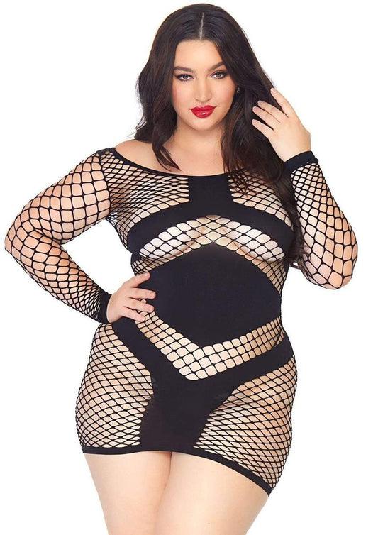 Leg Avenue Plus Size Diamond Net Long Sleeve Mini Dress