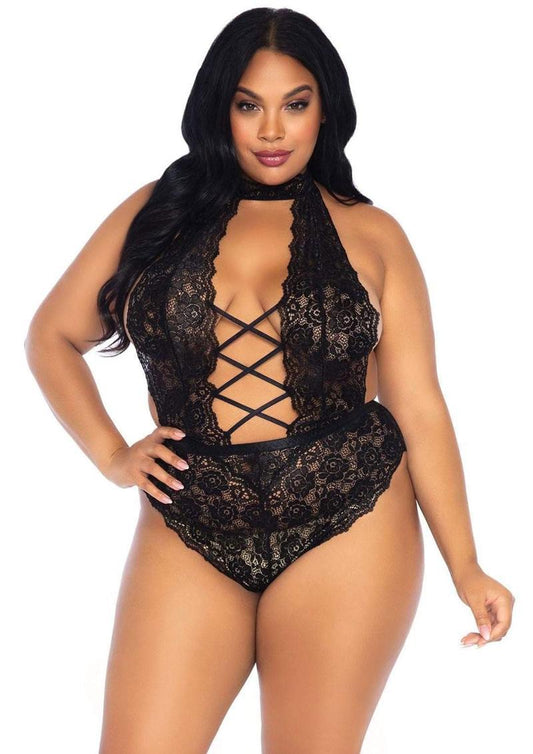 High Neck Floral Lace Backless Teddy