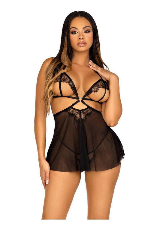 Open Cup Eyelash Lace and Mesh Babydoll with Heart Ring Accent
