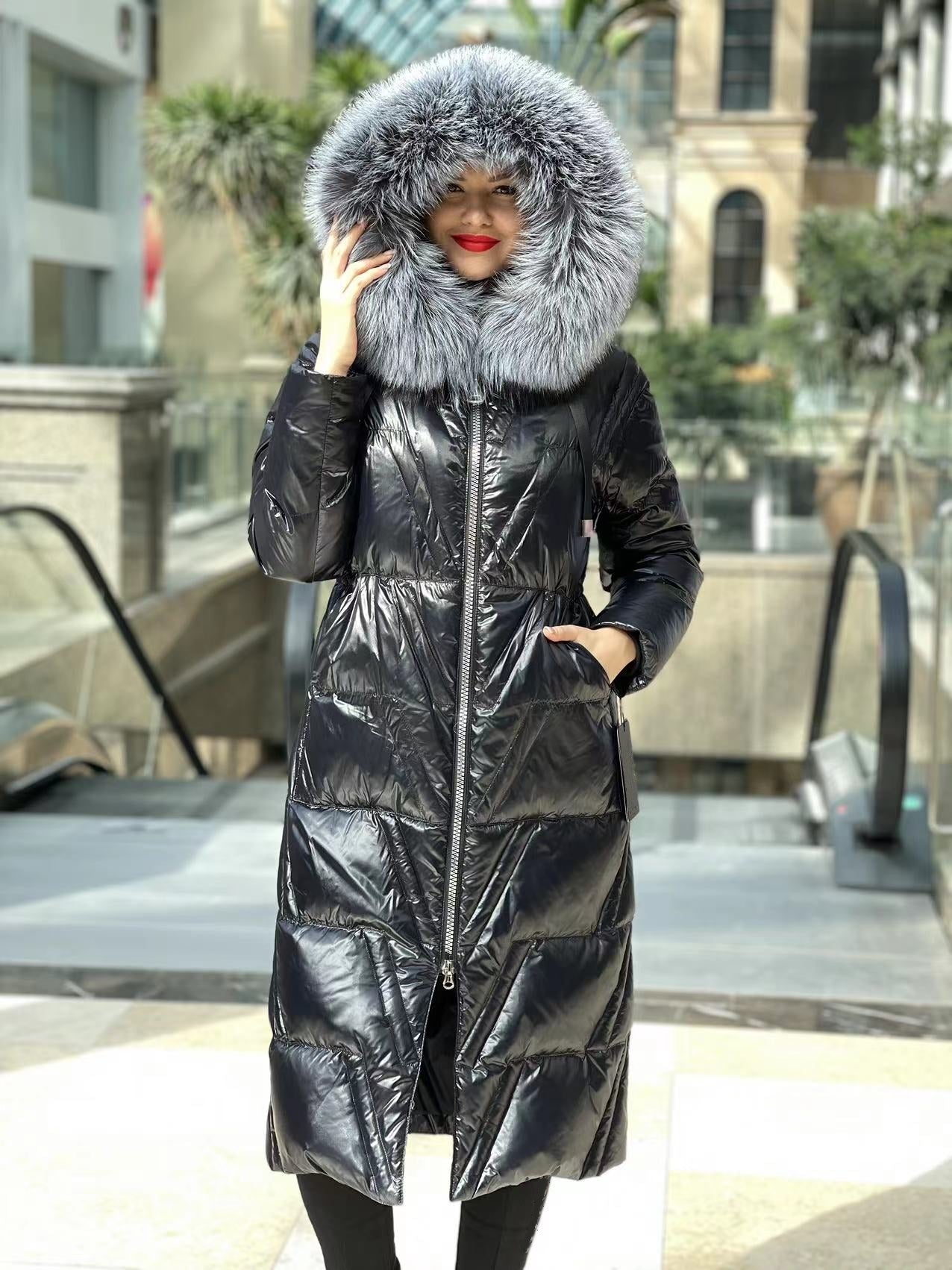 Manteau en duvet et fourrure de renard argenté véritable