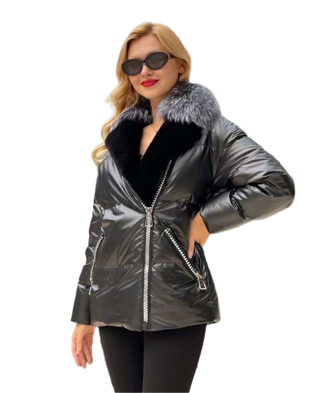 Manteau imperméable en duvet de véritable fourrure de renard argenté