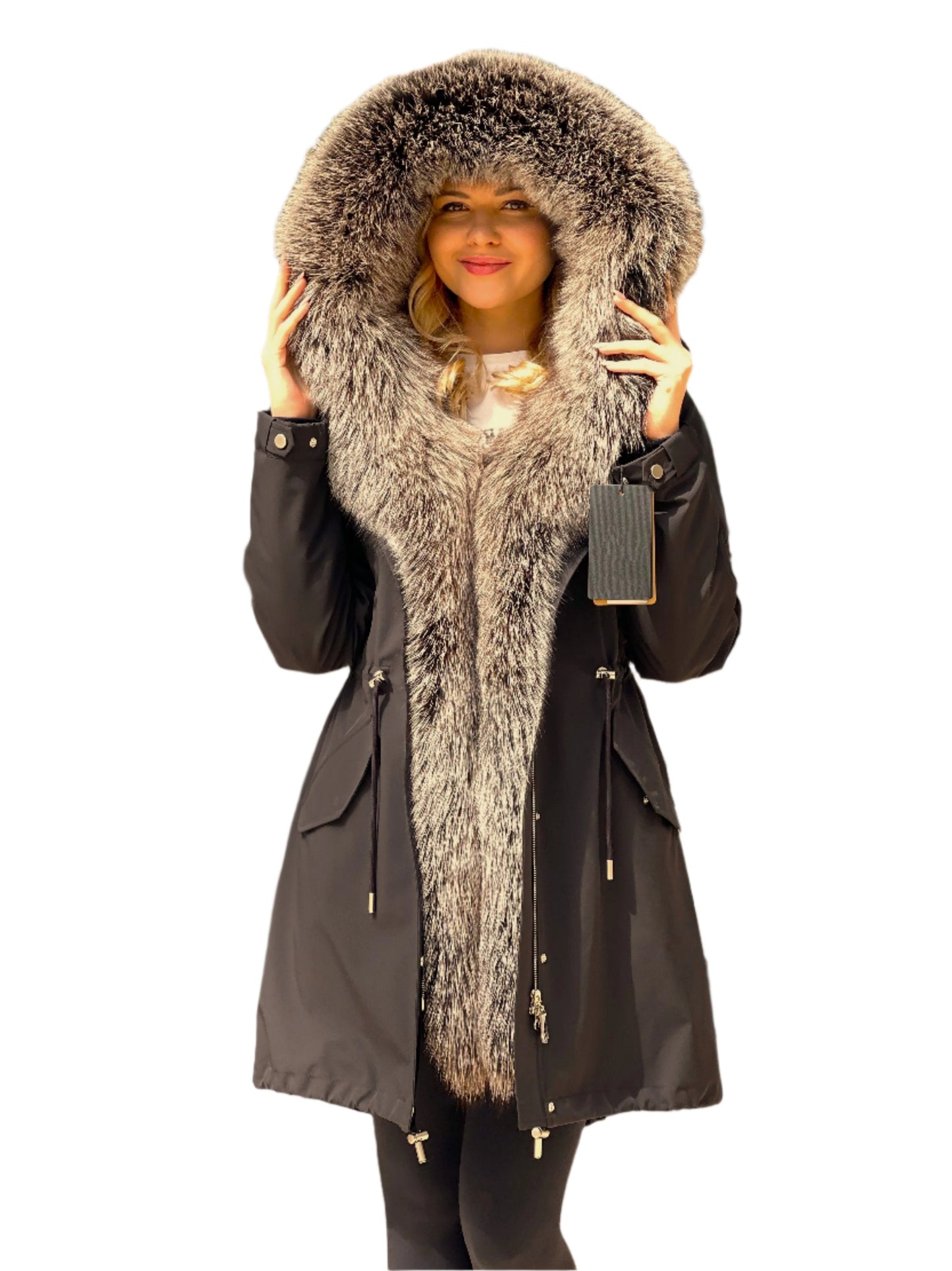 Parka isolée en fourrure de lapin avec bordure en fourrure de renard argenté