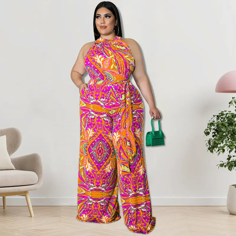 Plus Size Women's Sleeveless Summer Jumpsuit with Sash