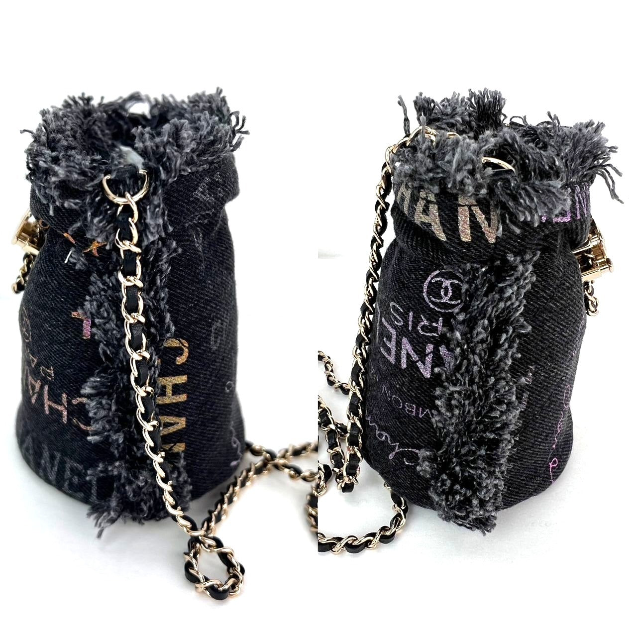Mini seau Chanel en denim matelassé avec chaîne Noir