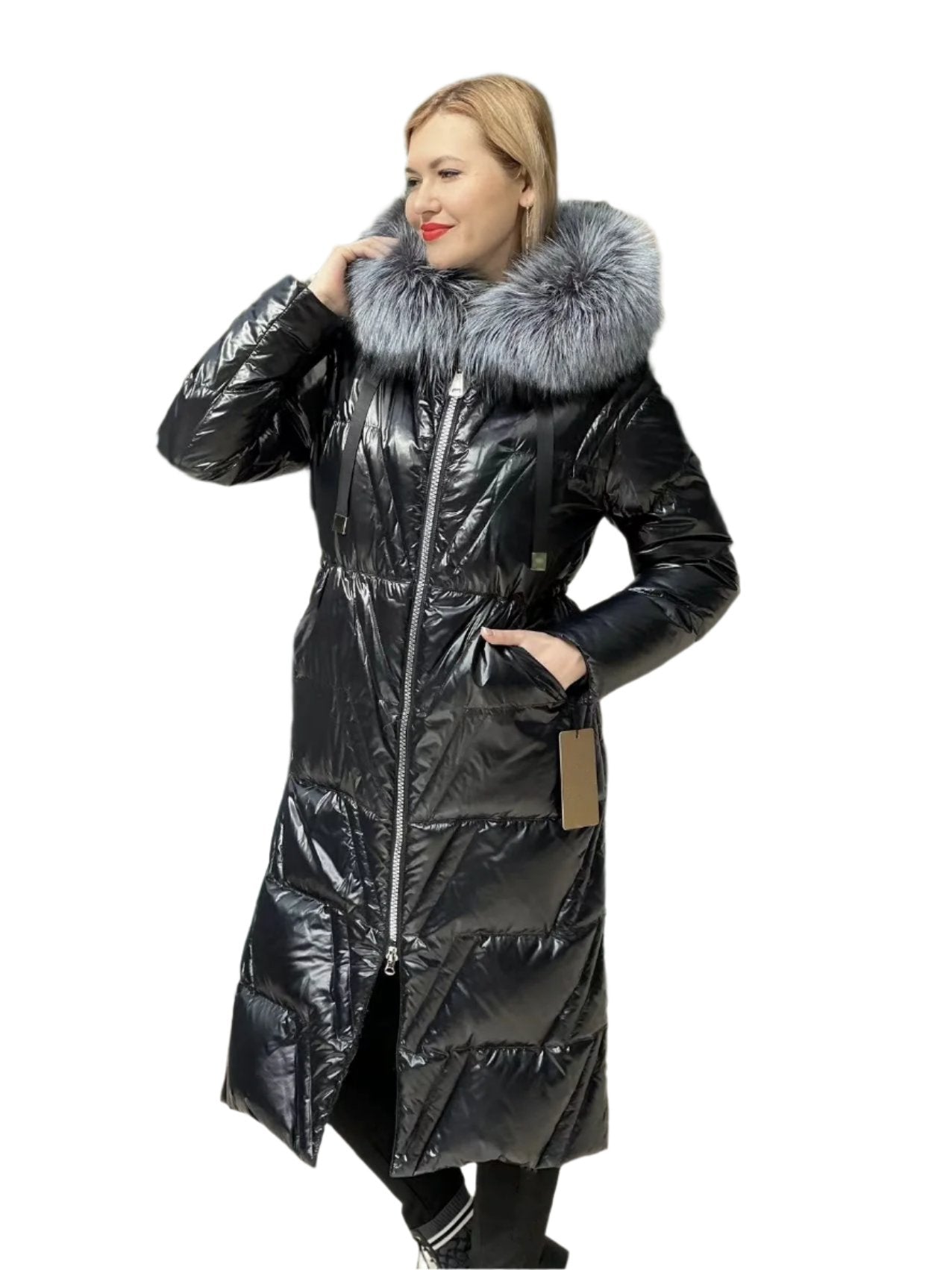 Manteau en duvet et fourrure de renard argenté véritable