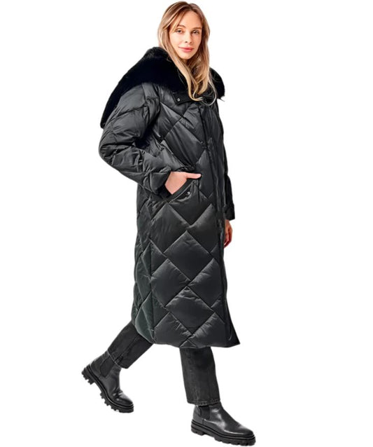 Manteau d'hiver en duvet avec col et capuche en fourrure de renard polaire véritable