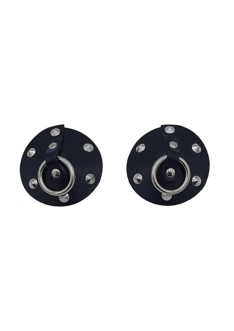 Rouge Leather Studded Nipple Covers with Metal Ring Accent