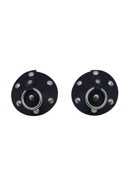 Rouge Leather Studded Nipple Covers with Metal Ring Accent
