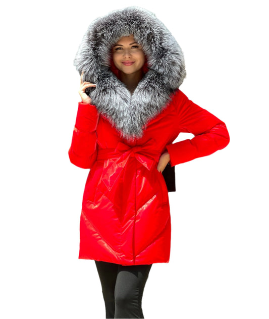 Manteau en duvet de fourrure de renard argenté véritable, finition vinyle