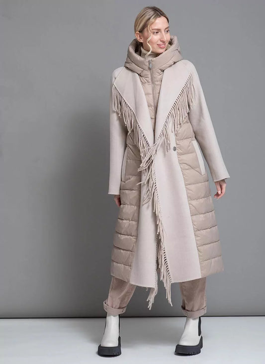 Manteau en laine et duvet Kennedy à franges de luxe beige
