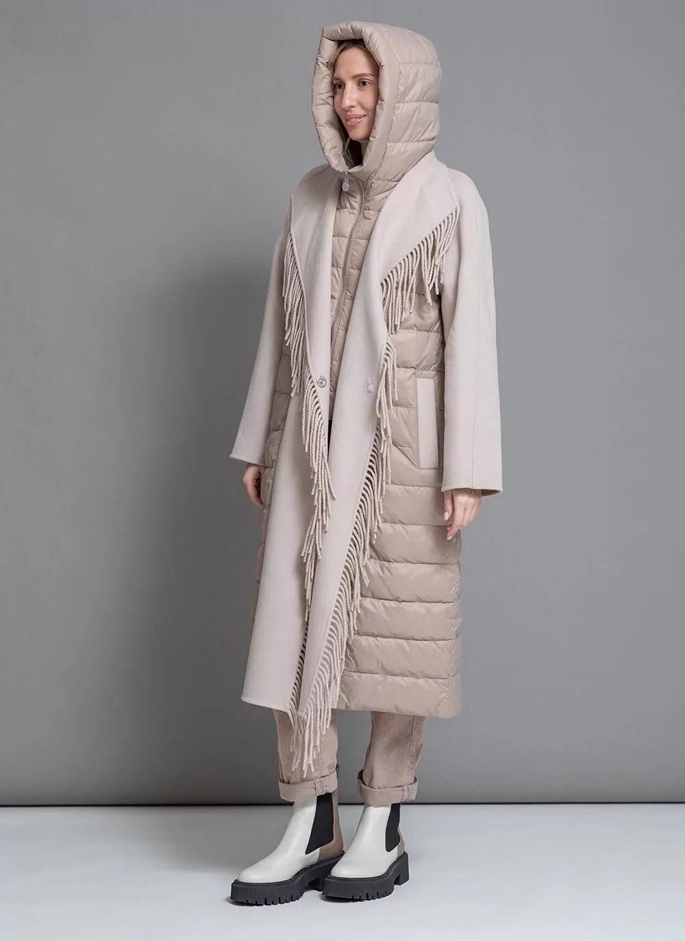 Manteau en laine et duvet Kennedy à franges de luxe beige