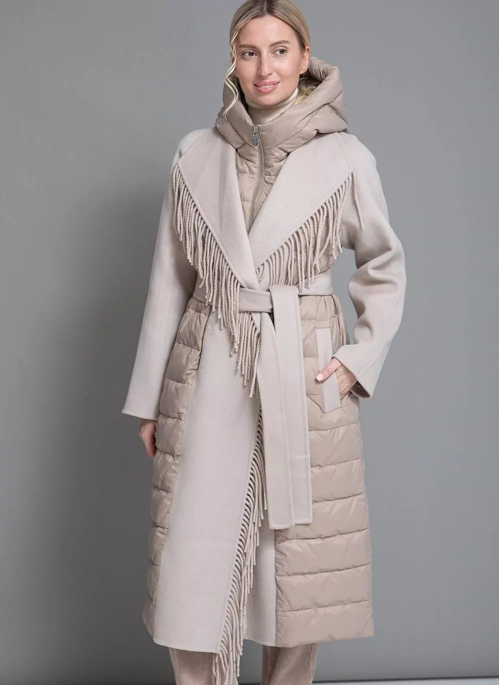 Manteau en laine et duvet Kennedy à franges de luxe beige
