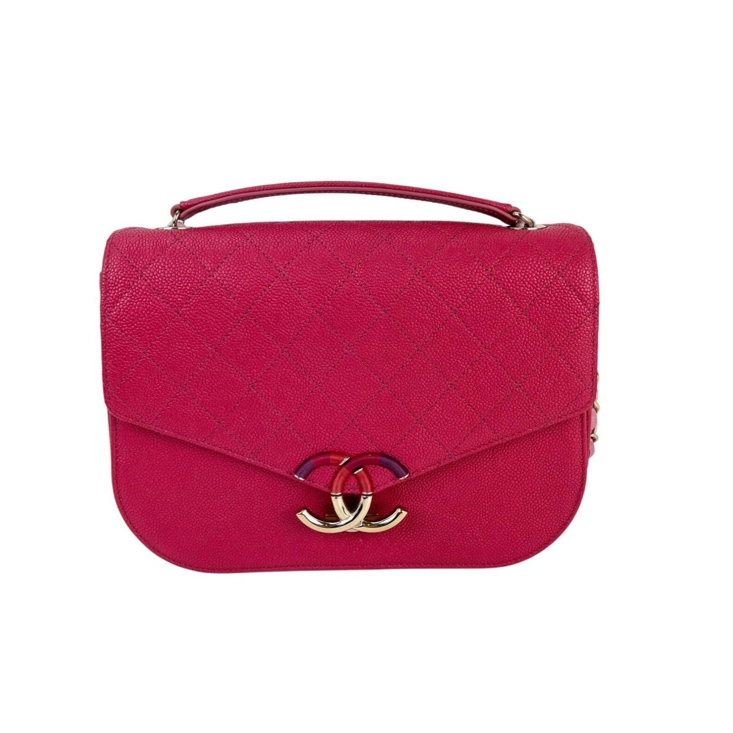 Sac à rabat Chanel Paris-Cuba moyen en cuir de veau caviar rose avec anse sur le dessus